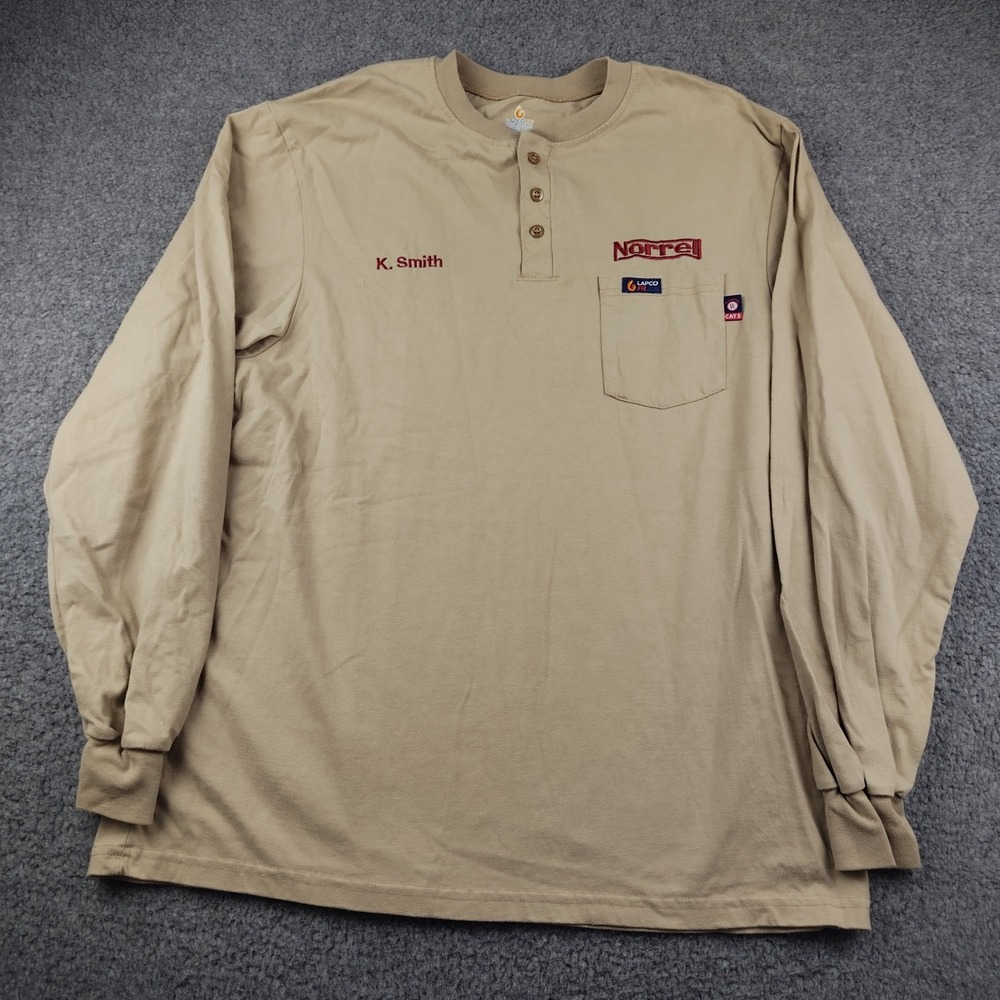 Lapco FR Henley Shirt Mens XL Khaki Tan Flame Resistant Workwear Cat2 EUC